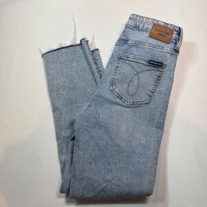 Calvin Klein Jeans Womens High Rise Straight Leg Blue Denim Frayed Hem Size 25